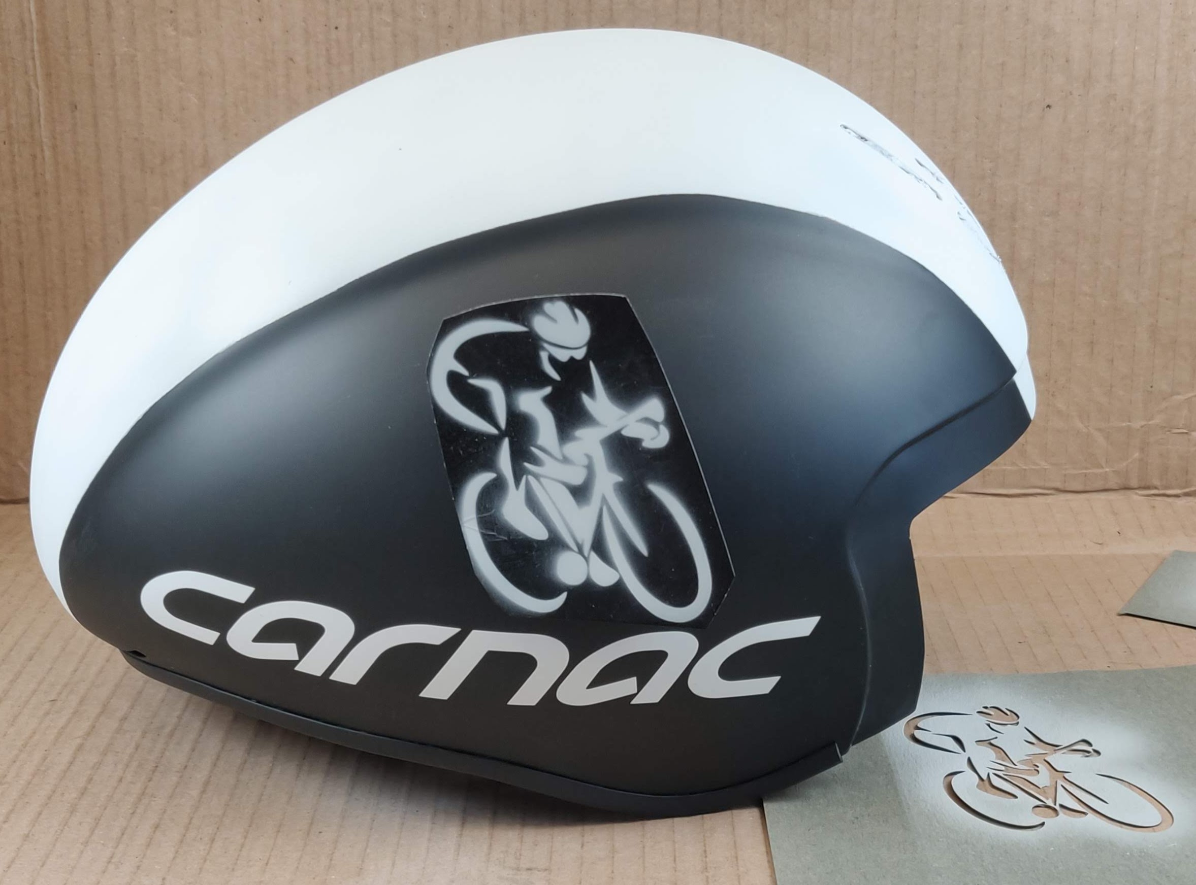 White primed helmet with stencil